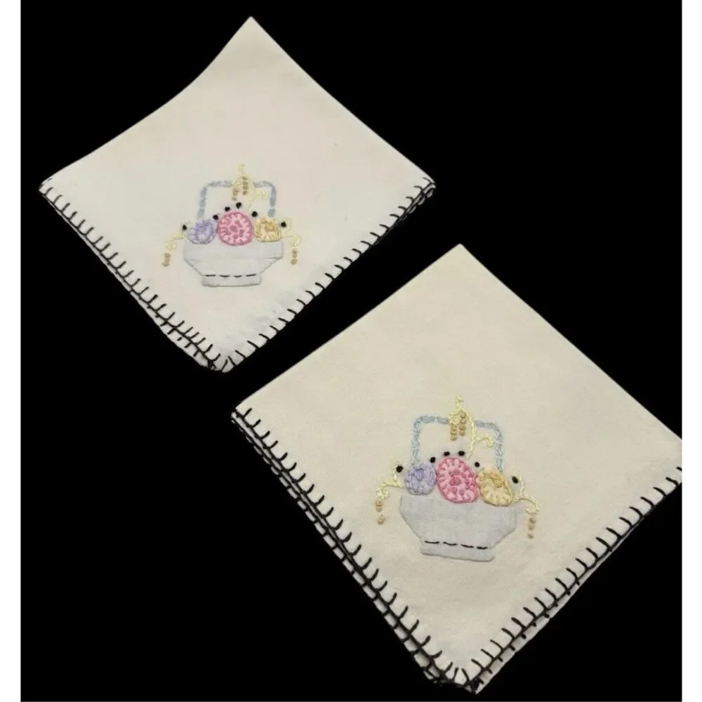 Embroidered Linen Napkins Vintage Easter Basket Embroidery 10 X 10” Set of 4